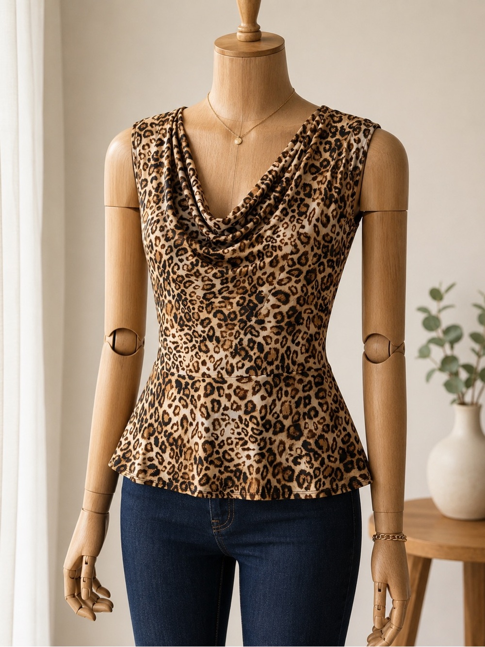 Leopard Print Cowl Neck Peplum Top Size XL Sleeveless Animal Print Blouse